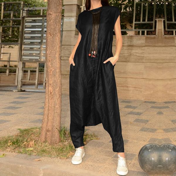 

women jumpsui 2019 rompers vintage sleeveless overalls drop playsuits wide leg trousers long crotch combinaison femme 7, Black;white