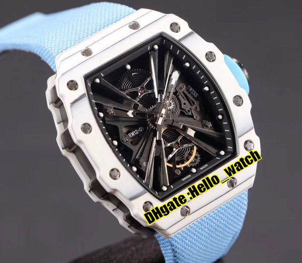 

version new tpt white carbon fiber case rm12-01 black skeleton dial miyota automatic mens watch two tone blue nylon sport watches 43mm, Slivery;brown