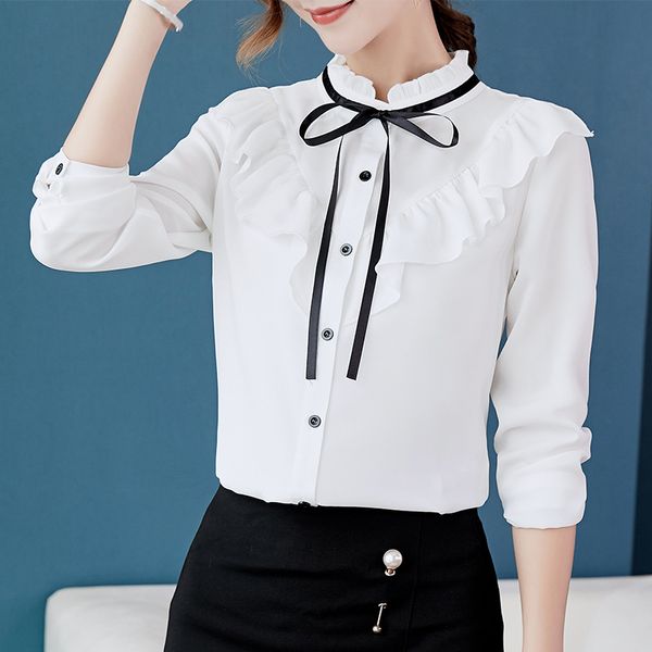 

korean chiffon blouse women 2019 new fashion spring autumn casual cute shirt plus size long sleeve ruffles office lady clothing, White