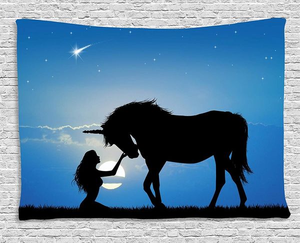 

horse decor tapestry unicorn and girl at night mythological fantasy creature horse fairytale, wall hanging for bedroom