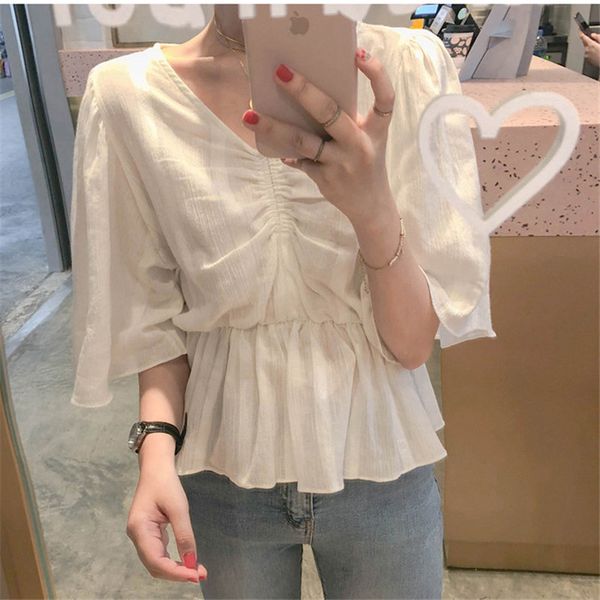 

alien kitty white flare-sleeved sweet waist-controlled chic pleated shirts 2020 summer cute elegance high street v-neck blouses