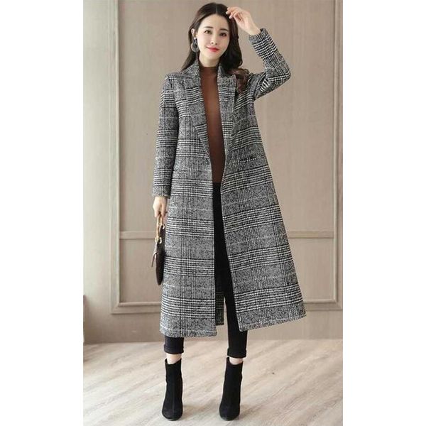 

women's wool & blends 2021 autumn winter women plaid pockets office work long coats fashion brand lady lapel sleeve bb429, Black