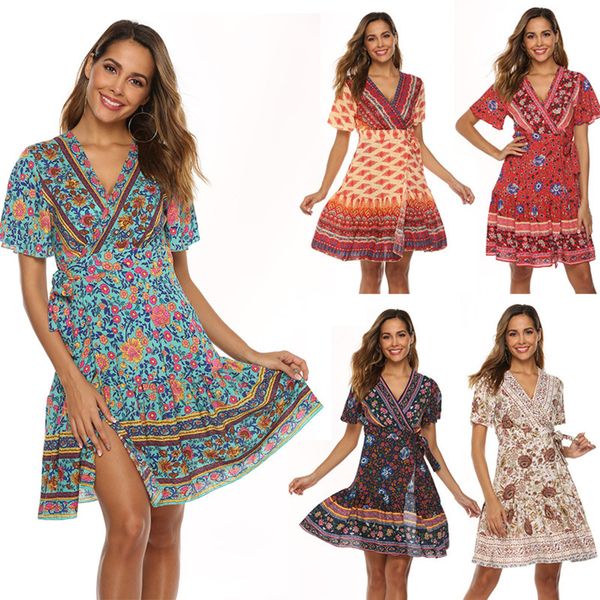 

2020 взлетно посадочная полоса платья мода женская богемный пляжный стиль отдыха с коротким рукавом глубокий v большой плиссированный принт, Black;gray