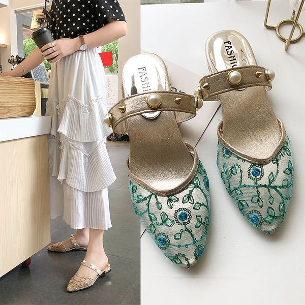 

ladies sandals summer shoes for women rhinestone breathable slides woman pointed sandals, Black