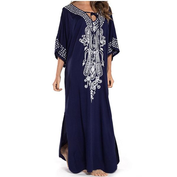 

women bikini cover up tunic cotton beach cover up embroidery kaftan beach saida de praia swimsuit pareo sarong beachwear, Blue;gray
