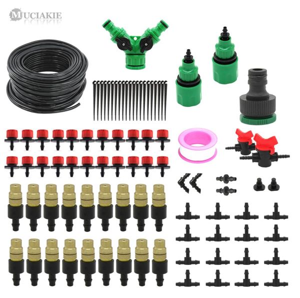 

muciakie 30m/15m/5m water irrigation kit micro drip watering plant system with pvc hose misting sprinkler dripper tee adaptor