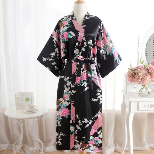 

plus size xxxl chinese women long robe print flower peacock kimono bathrobe gown bride bridesmaid wedding robes sleepwear #, Black;red