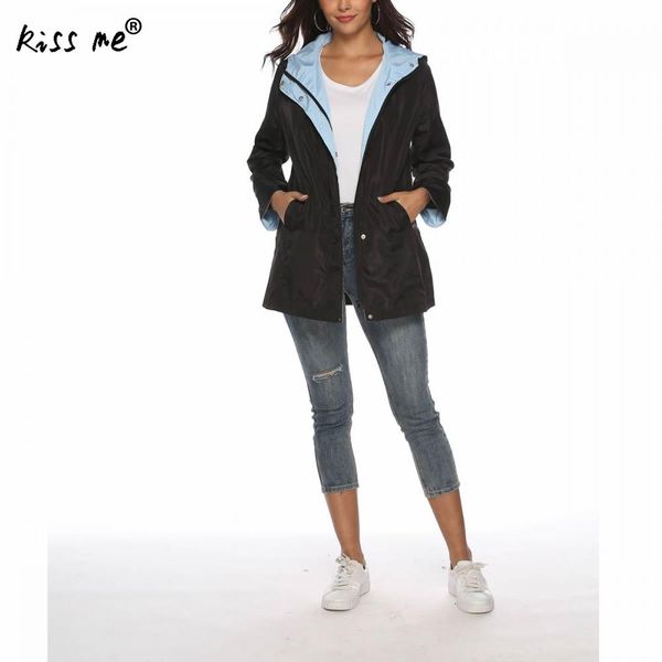 

contrast color hiking jacket slim women waterproof jacket hooded outdoor hiking long rain active rainwear, Blue;black