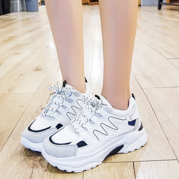 

nice women casual shoes mesh platform white sneakers lace-up sewing chunky sneakers tenis women zapatos mujer, Black