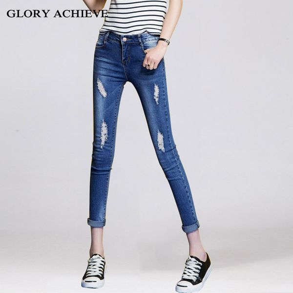 

2019 spring ripped hole mid waist stretch skinny pencil lady pants ankle length blue color woman jeans high quality