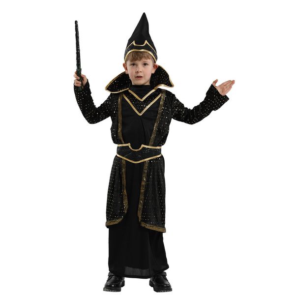 

kids child magician wizard costumes for boys master magic robe halloween purim carnival party cosplay costume, Black;red