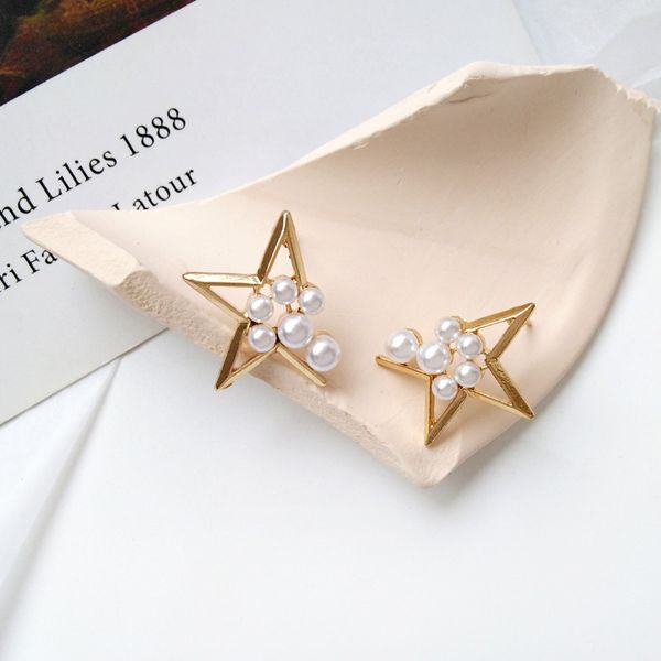 

srcoi creative geometric star earrings with imitation pearl punk stud earring for women gold color temperament jewelry wholesale, Golden;silver