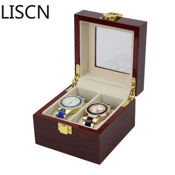 

2 grids red wooden piano glossy watch box bracelet jewelry display organizer box case watches holder storage caja reloj, Black;blue