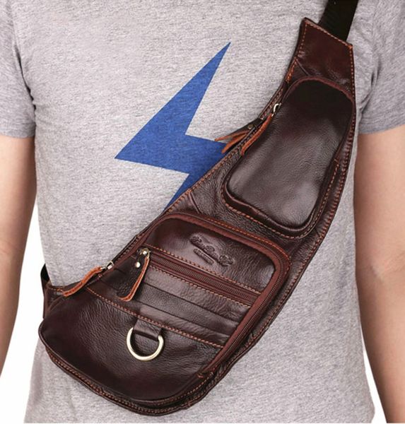 

real cowhide men shoulder chest bags retro brand famous travel sling bag rucksack genuine leather single backpack