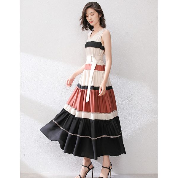 

striped color matching dress 2020v collar waist slim beach dress loose french large skirt, Black;gray