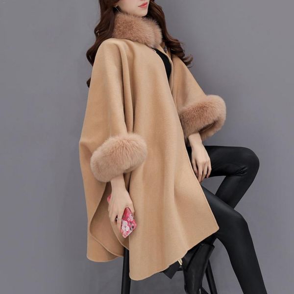 

xxl plus size long winter coat women cotton overcoat camel poncho knitwear shawl cape feminino warm outerwear poncho femme, Black