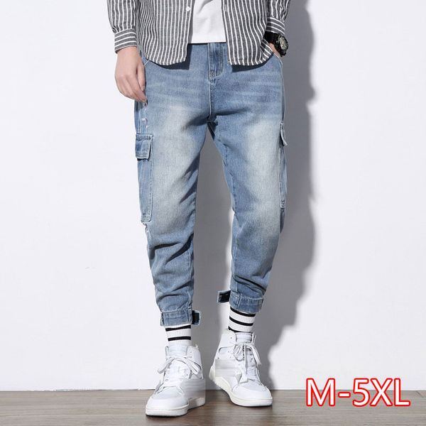 

japanese style fashion men jeans vintage designer loose fit multi pockets denim cargo pants streetwear hip hop harem jeans male, Blue