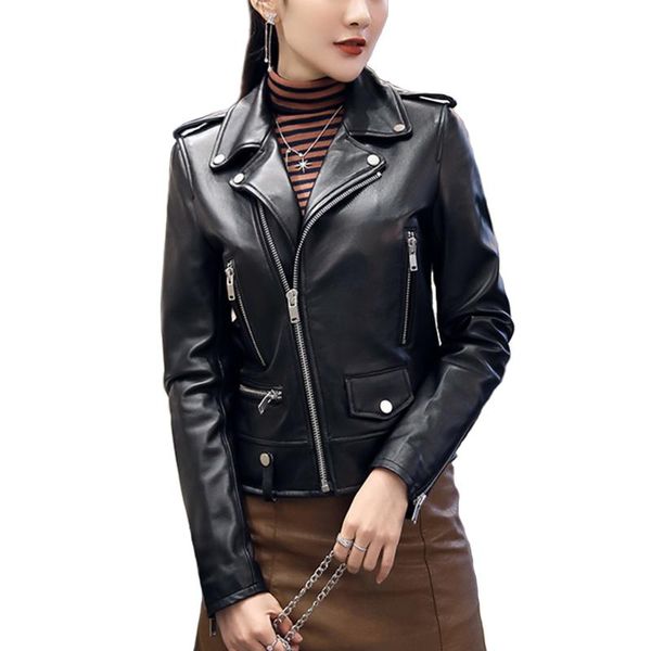

2020 spring women's genuine sheepskin leather jacket with rivet new motorcycle biker real leather coat sheep s8004, Black
