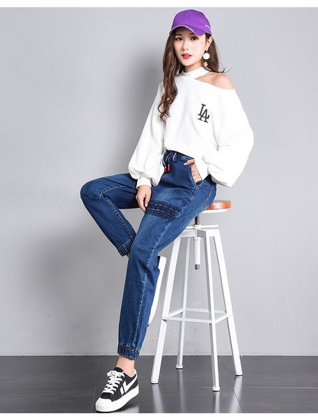 

dark blue the new elastic waist jeans han edition loose haroun pants, leisure female students show thin beam leg pants