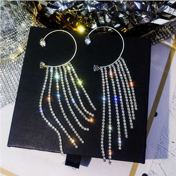 

1pc women fashion earring geometric crystal beaded tassel chain ear clips exquisite party wedding jewelry accessories gifts, Golden;silver