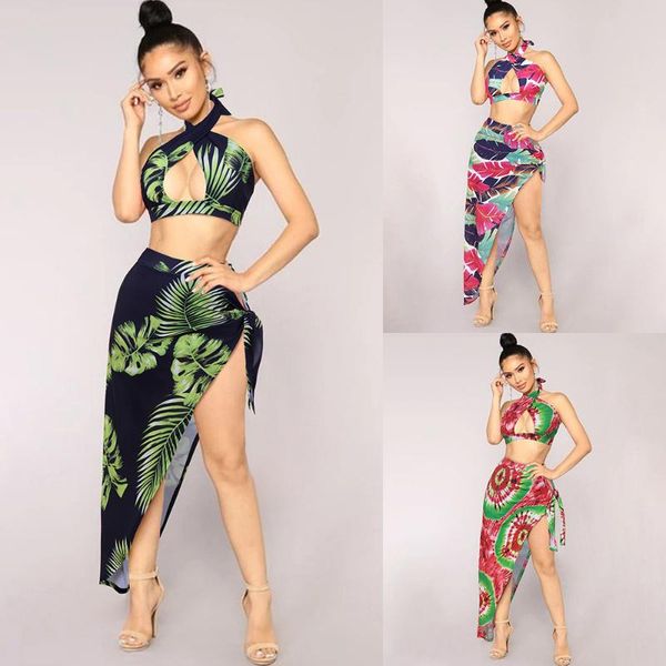 

women flower printed swim bathing suit beach wear side split dress bandeau bikini+cover up 2pcs set, White