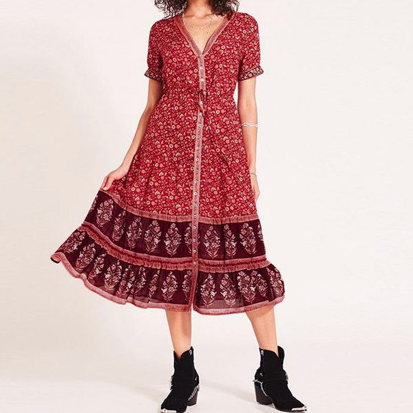 

женские платья праздник лета boho печати vadim с коротким рукавом платье v-образным вырезом партии пляж платье полиэстер vestidos de festa f, Black;pink