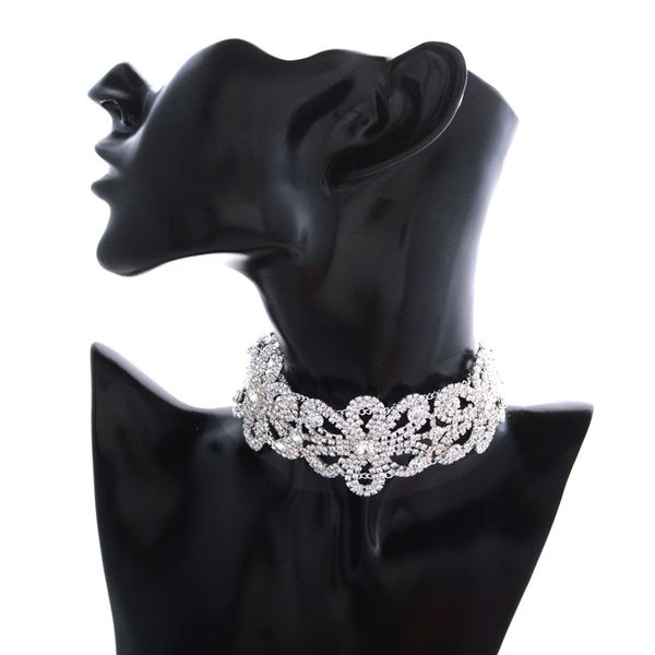 

exaggerated silver rhinestone necklace fashion full rhinestone flower collar retro women's neck chain dress low-cut fashion acce, Golden;silver