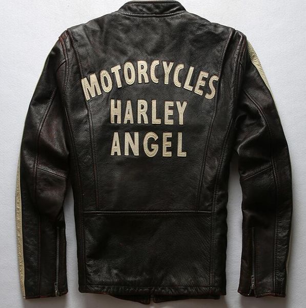 DHL ücretsiz Harley stil erkekler klasik deri ceket standı yaka motosiklet Deri ceket dikiş çizgili yıkanır