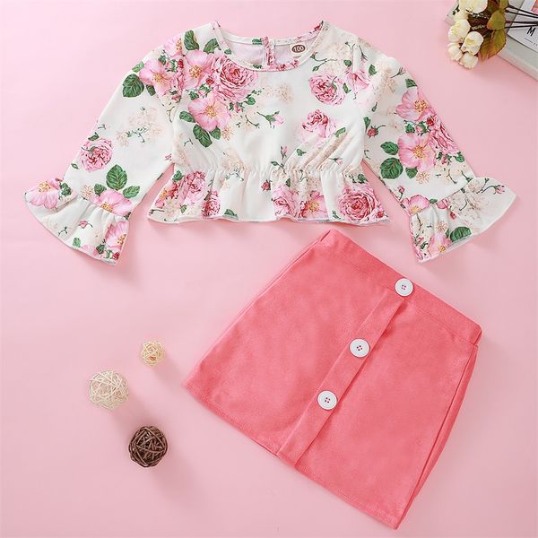 

pudcoco toddler baby girl clothes flower print flare long sleeve crop button mini skirt 2pcs outfits cotton clothes, White