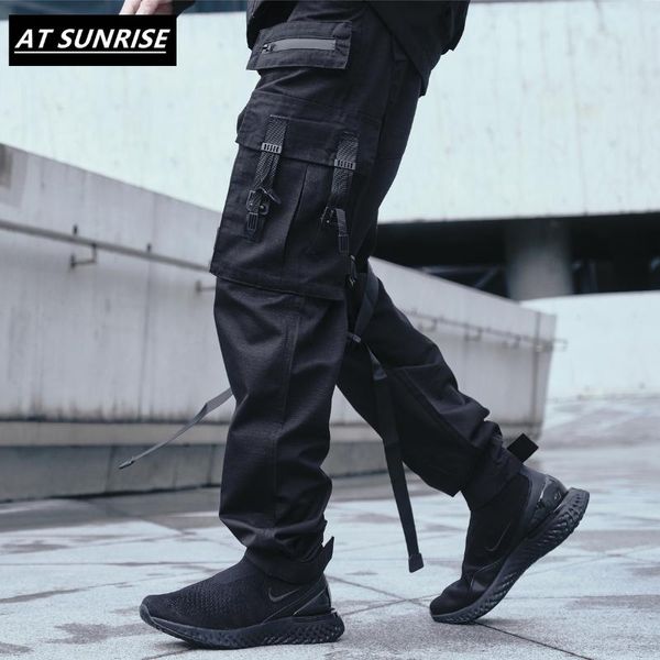 

2020 ribbons cargo pants men black pocket streetwear harajuku techwear pants hip hop trousers harem joggers sweatpants