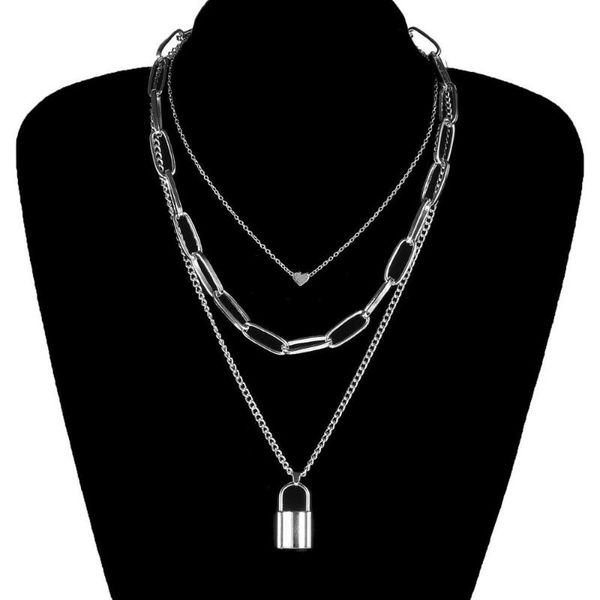 

2020 new hip hop multi layer chain necklace with heart lock women men punk rock padlock pendant necklace emo grunge goth jewelry, Silver