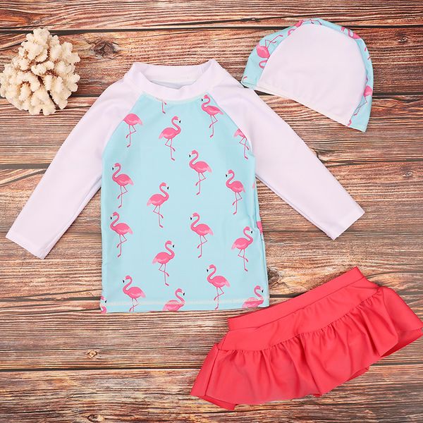 

summer cute fashion baby girls animal print long sleeve flamingo swimwear swimsuit bathing suits beachwear yz19036, Black