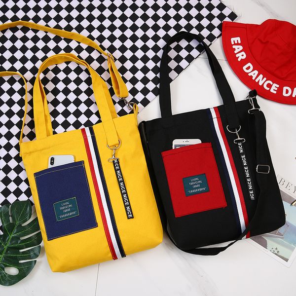 

patchwork shopping bag single shoulder black yellow canvas cloth bag zipper reusable eco shopping simple women handbag b094