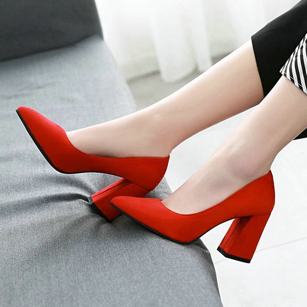 

ladies high heels fashion pointed toe thick heel pumps slip on spring autumn dress shoes women beige black red