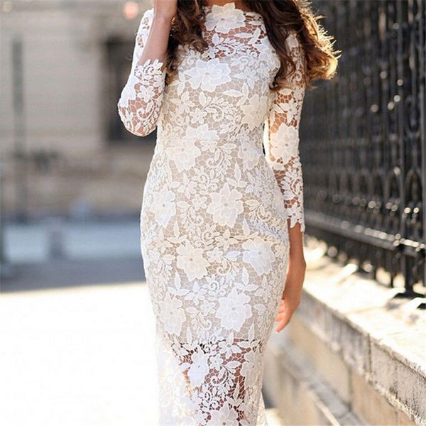 

women lace summer autumn long sleeve dress evening party holiday pencil dress knee-length white lace flower dresses vestidos, Black;gray