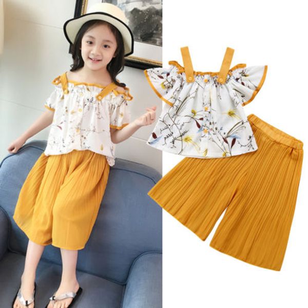 

summer toddler kids baby girl off shoulder floral t-shirt +ruffles wide leg pant trouser outfits fashion children clothes, White