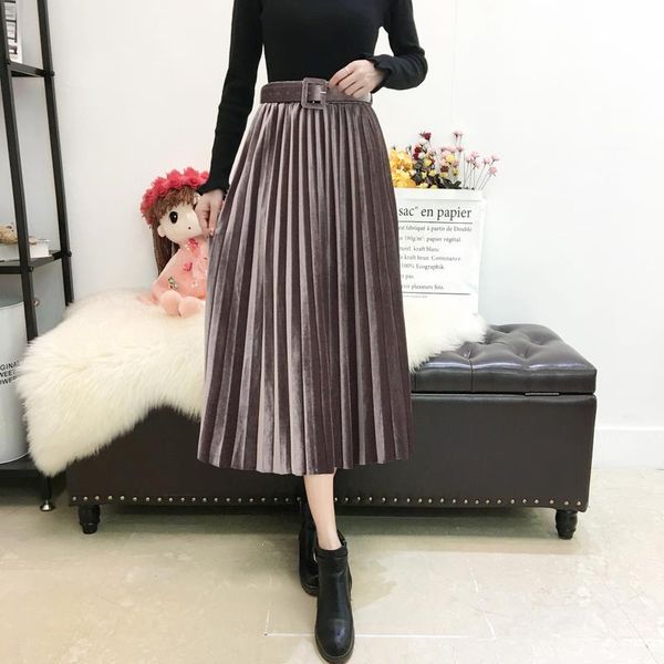 

women winter velvet warm pleated skirt elastic band high waist lady skirt autumn long belt maxi, Black
