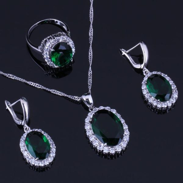 

charming oval egg green cubic zirconia white cz 925 sterling silver jewelry sets for women earrings pendant chain ring v0285