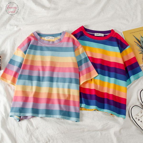 

лето новая футболка полиэстер женщины kawaii радуга полосатый crop top harajuku тенниски с коротким рукавом корейских панк 90с футболки femi, White