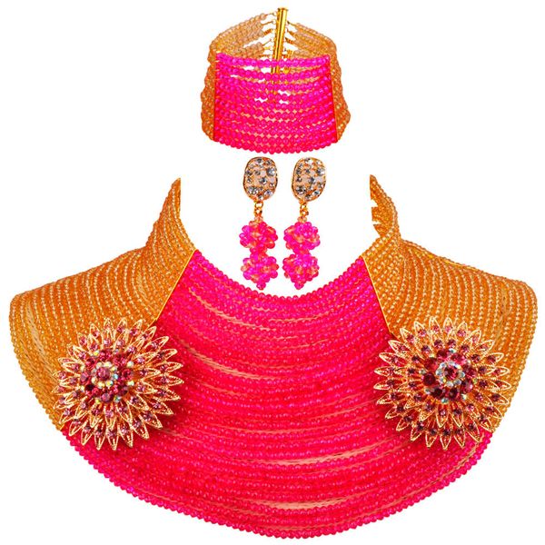 

25 layers gold fuchsia pink african beads jewelry set 25r17, Slivery;golden