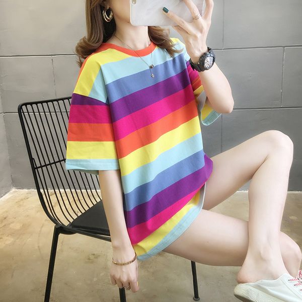 

t shirt 90s rainbow tshirt women basic ladies summer tee shirts kawaii ulzzang fashion custom dropshipping, White