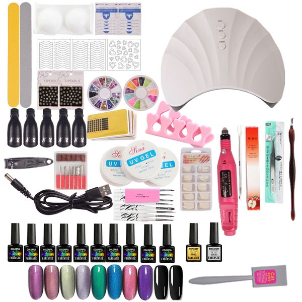 

manicure set 10 color acrylic nail kit gel varnish polish extension set nail drill bits handle kit 36w/80w led uv lamp