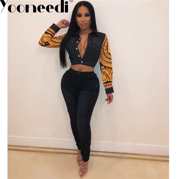 

yooneedi 2019 winter design style denim jacket color print turn-down collar ladies outwear, Black
