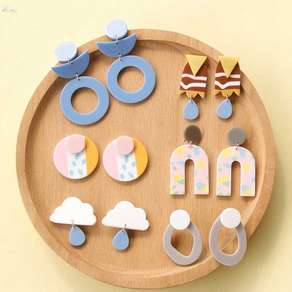 

stud aomu 2021 colorful printing acrylic geometric irregular round cute clouds earrings for women korea jewelry gifts, Golden;silver