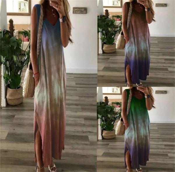 

women gradient tie dye dress slim fit sleeveless v neck split casual dress ladies summer clothes, Black;gray
