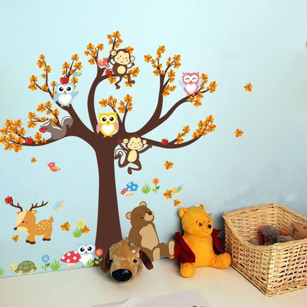 Adesivi murali animali della foresta dei cartoni animati Adesivi gufo carino scimmia orso albero per bambini Adesivi murali fai da te Decorazione della stanza dei bambini Decorazioni per la casa