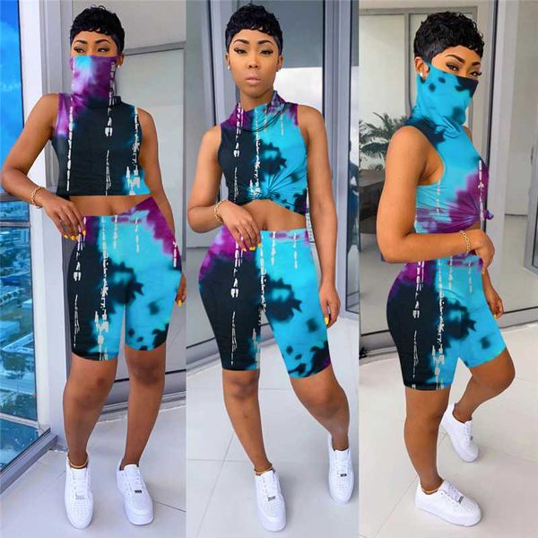 

adogirl tie dye печати summer two piece set one piece маска рукавов crop top шорты женщин tracksuit вскользь костюм, White