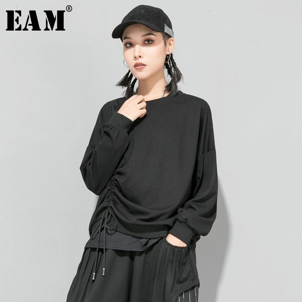 

eam] сыпучие fit кулиской асимметричный толстовка новый раунд шеи длинным рукавом женщины большой размер мода весна осень 2020 1d685, Black