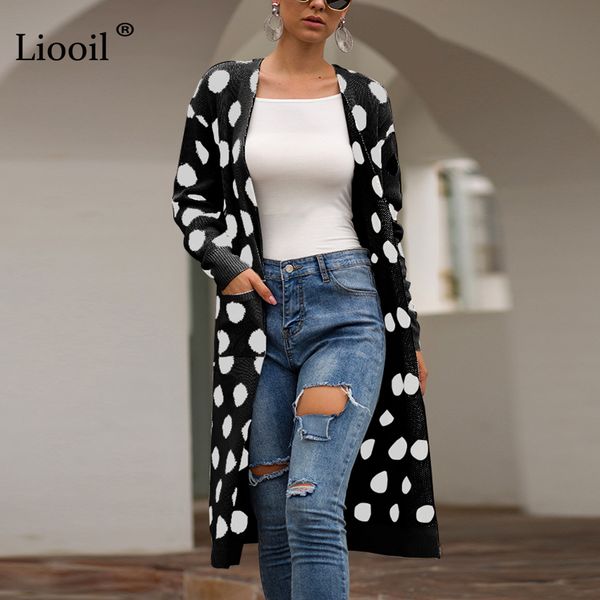 

liooil autumn winter 2019 knit sweater polka dot cardigan female coat long sleeve women knitted jackets pocket v neck sweaters, Black;brown