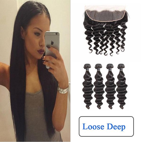 

малазийские рыхлый глубокий 4 связки с 13x4 кружева фронтальная pre щипковых волос младенца человеческих волос пучки с фронтальным remy нара, Black;brown